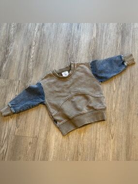Olive + Scout Olive Green Crew w/Denim Sleeves